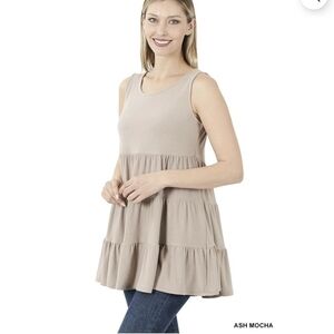Zenana Outfitters Ash Mocha Tiered Sleeveless Tunic Tank